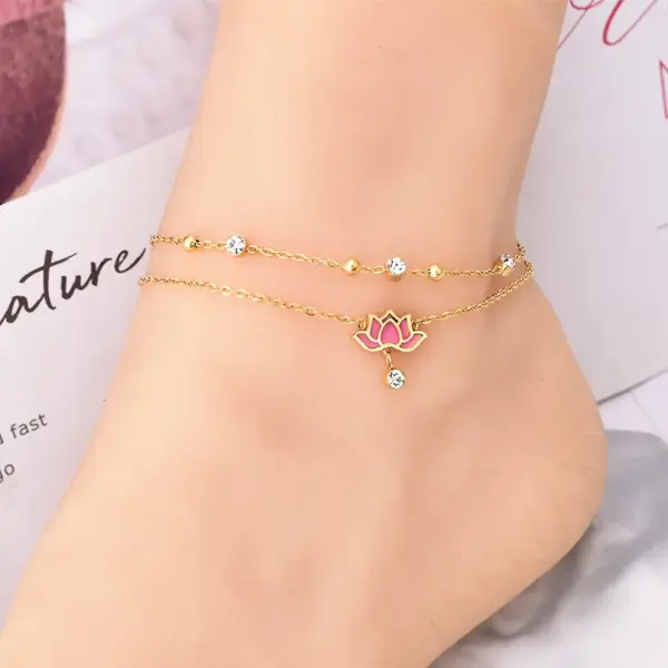 Wholesale 1 Piece Y2K Hawaiian Beach Lotus Stainless Steel Artificial Gemstones Water Plating Women'S Anklet
