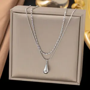 【H1256】Double-Layer Water Drop Necklace / Steel Color