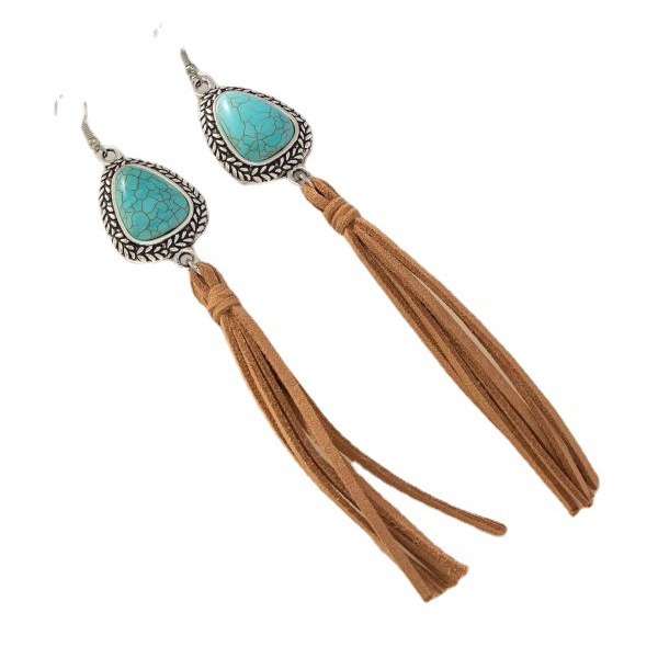 Wholesale Cross-border European and American Jewelry Retro T-shaped Turquoise Tassel Brown Hanging Korean Velvet Earrings