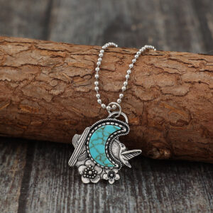 Wholesale Vintage cactus flower bird crescent turquoise alloy necklace