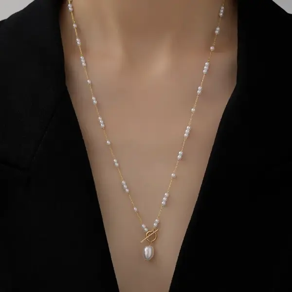 Wholesale Fashion Geometric Titanium Steel Inlay Artificial Pearls Necklace