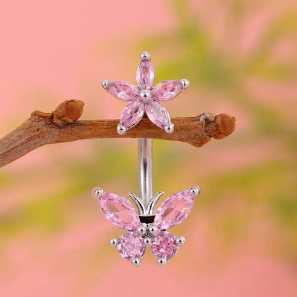 Wholesale Stainless Steel Pierced Pink Series Belly Button Ring Butterfly Heart Zirconia Embedded Belly Hoop Women's Fashion Jewelry