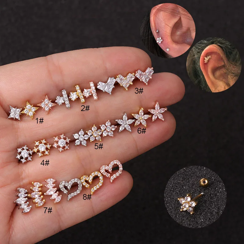 Wholesale 316L Stainless Steel Copper Ear Cartilage Rings & Studs Flower Waterproof Non Tarnish Surgical Steel