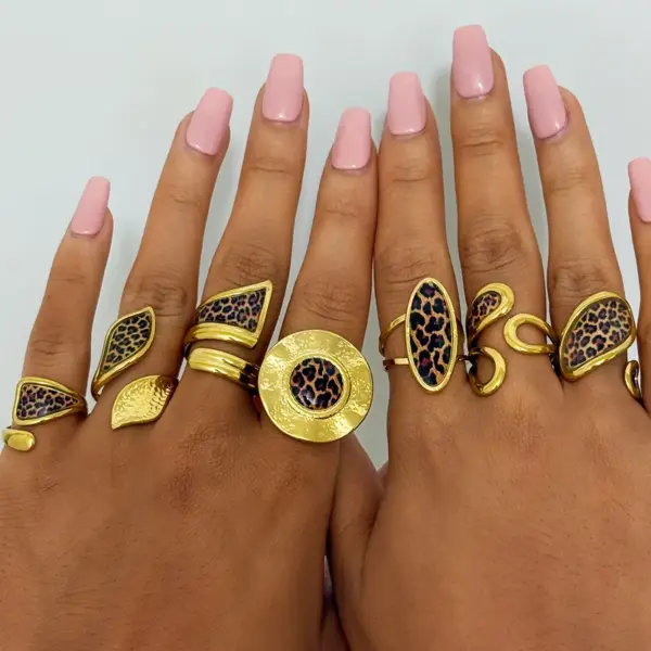 Adjustable Open Ring Stainless Steel Gold Plated Hollow Out Geometric Design Fashion Jewelry Accessory For Ladies Leopard Print