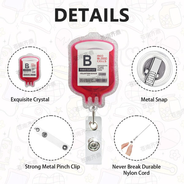 Wholesale New type of blood bag with oil discharge, medical staff acrylic badge scroll, retractable clip pendant, easy-to-pull ID gift