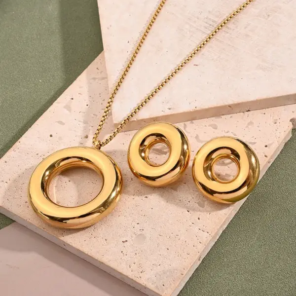 Wholesale Jewelry Casual Sweet Simple Style Round Stainless Steel 18K Gold Plated Polishing Plating Square Pearl Chain Earrings Necklace Jewelry Set