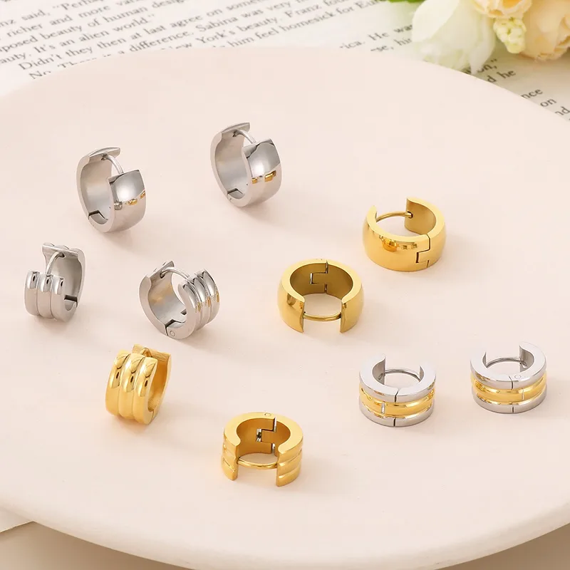 Wholesale 304 Stainless Steel Geometric PVD Coated 18K Real Gold Plated Basic Waterproof Non Tarnish Hoop Earrings