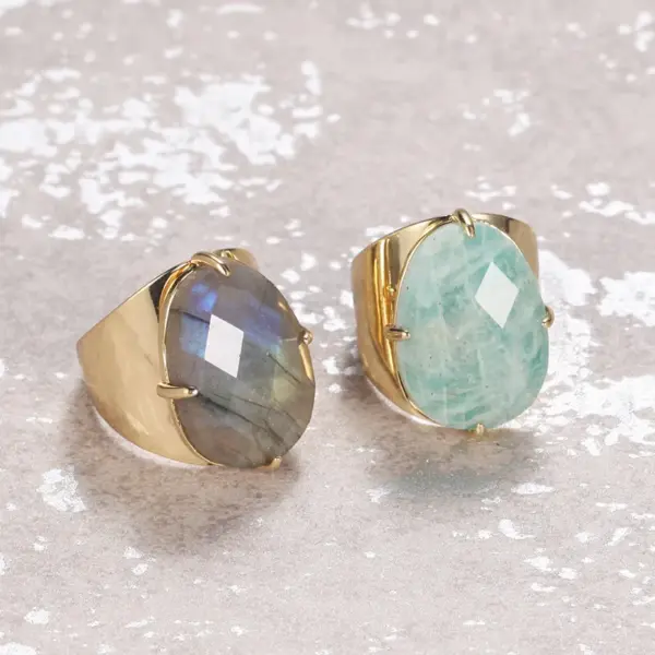 Wholesale Elegant Oval Natural Stone Copper Inlay Artificial Gemstones Open Ring