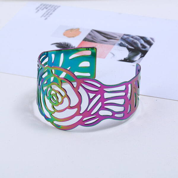 Wholesale Women's European and American Carved Colorful Bracelet Fashion Wide Face Hollow Metal Rose Open Arm Ring Cross-border Jewelry