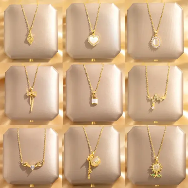 Wholesale Titanium Steel Fashion Plating Four Leaf Clover Heart Shape Artificial Pearls Zircon Pendant Necklace
