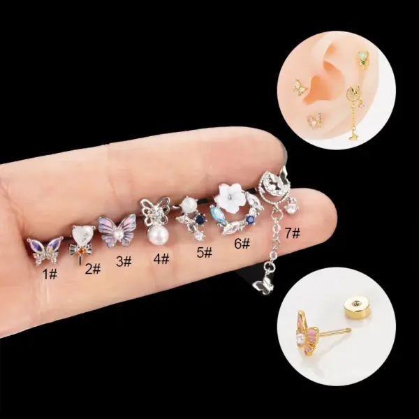 Wholesale 1 Piece 316L Stainless Steel Copper Artificial Pearls Zircon Ear Cartilage Rings & Studs Heart Shape Flower Butterfly Waterproof Non Tarnish Surgical Steel Women'S