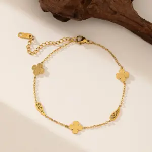Qyb5055 Wings Four-Leaf Clover Anklet / Gold