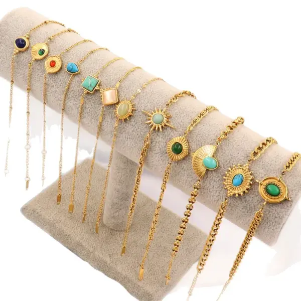 Wholesale Elegant Natural Stone Pendant Stainless Steel Bracelet For Women Simple Luxury Turquoise Hand Chain Style
