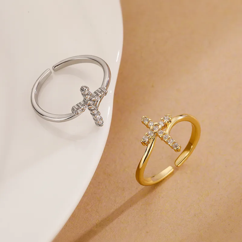 Wholesale Simple Style Commute Cross Copper 18k Gold Plated Zircon Open Rings In Bulk