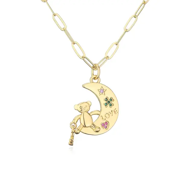 Wholesale Fashion Cute Bear Moon Pendant Plating 18k Gold Micro Inlaid Zircon Copper Necklace