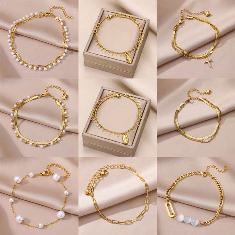 Wholesale 1 Piece Simple Style Conch Eye Shell 304 Stainless Steel Artificial Pearl Waterproof Non Tarnish PVD Coated Real Gold Plated Women's Anklet