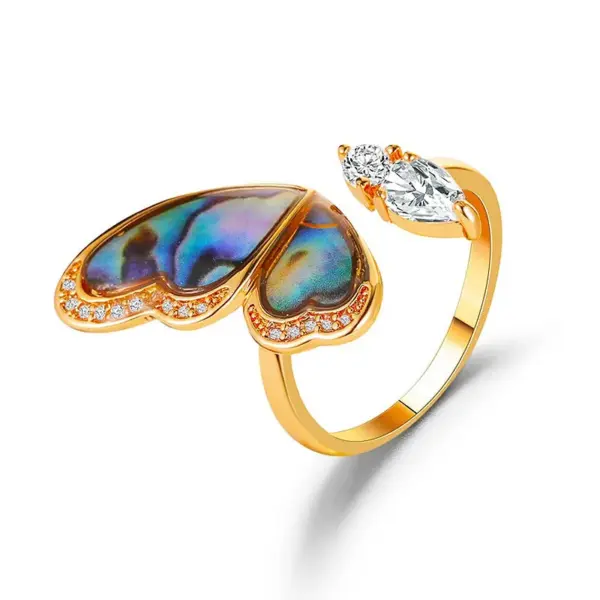 Wholesale New Fantasy Seashell Wings Colorful Butterfly Micro-inlaid Zircon Copper Open Ring