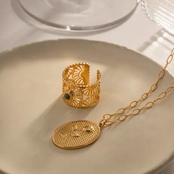 Wholesale Jewelry Fashion Round 304 Stainless Steel Natural Stone PVD Coated Plating Inlay Open Ring