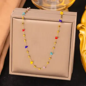【H1013】Colorful Crystals Chain Necklace / Gold