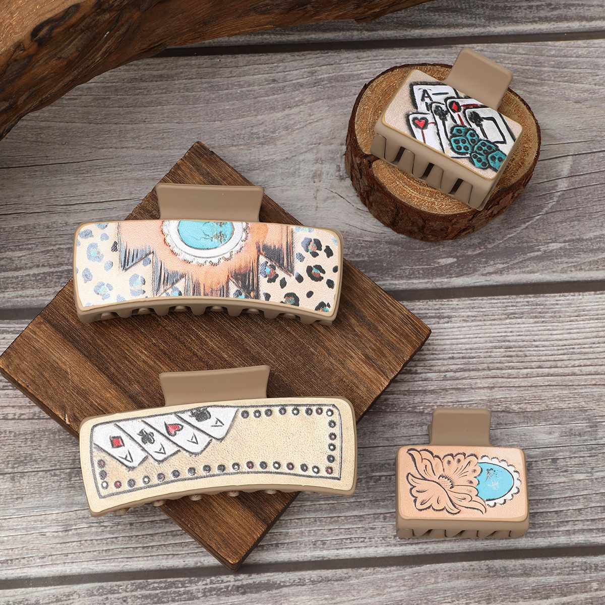 Wholesale Western Style Playing Cards Pattern Leather Hairpin Shark Clip