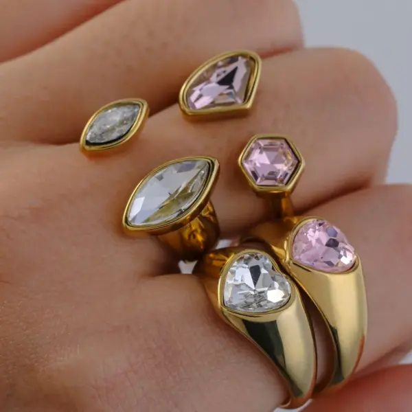 Wholesale Luxurious Open Heart Ring Set With Zirconia Stones Stainless Steel 18K Gold Plated Elegant Casual Fashion Jewelry For Women