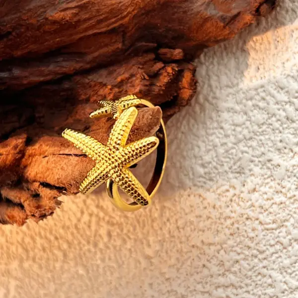 PVD Coated Real Gold Plated 18K Gold Starfish 304 Stainless Steel Retro Waterproof Non Tarnish Open Rings