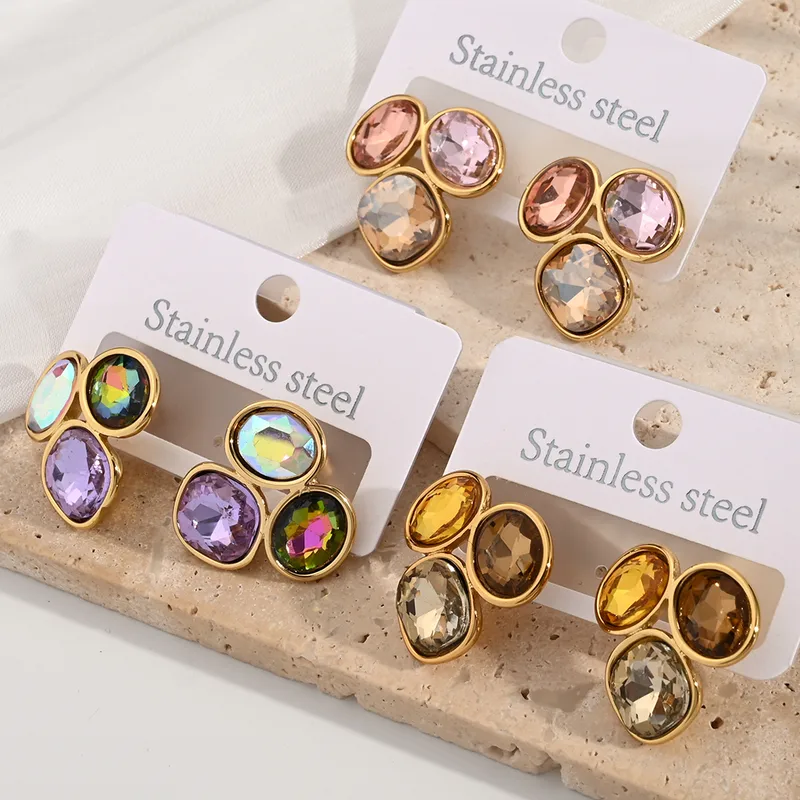 Wholesale Fashionable Geometric Patterned Oval Earrings Electroplated 304 Stainless Steel Diamond Embedded Hoop Earrings For Women