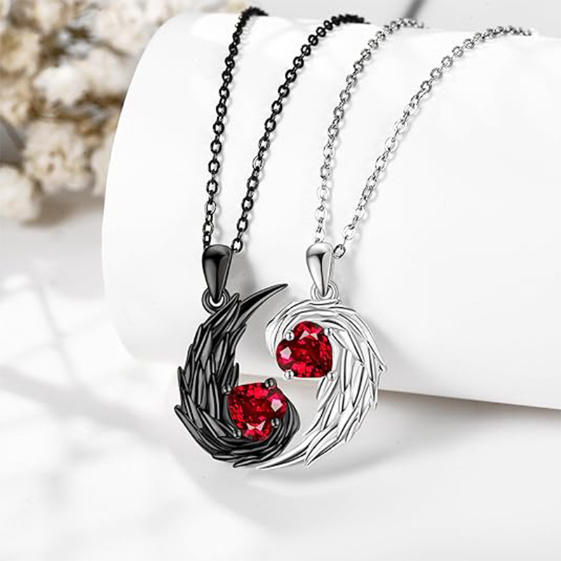 Wholesale Cole Patchwork Two-color Clavicle Chain Diamond-encrusted Love Angel Demon Feather Wings Heart-shaped Pendant Valentine's Day Necklace