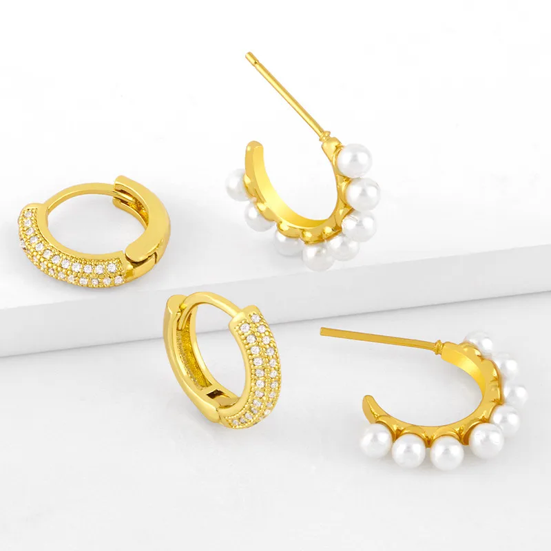 Wholesale Fashion Pearl C-shaped Copper Inlaid Zircon Earrings Wholesale