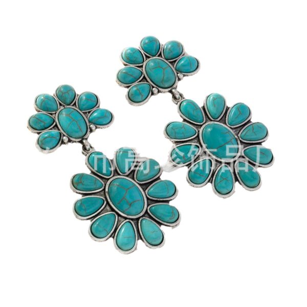Wholesale European and American Hot Double Flower Design Classic Elegant Elegant Bohemian Turquoise Alloy Drop Earrings