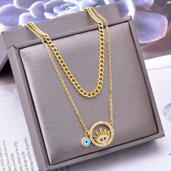Wholesale PVD Coated Real Gold Plated Sun Eye Stainless Steel Novelty Waterproof Non Tarnish Layered Necklaces
