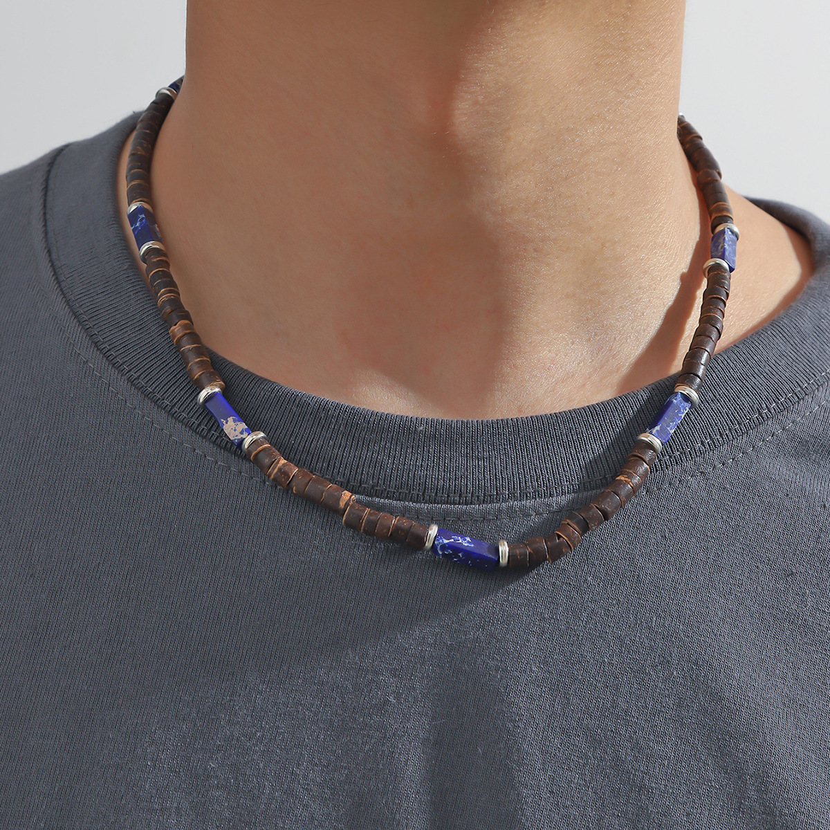 Wholesale New European and American cross-border fashion Men's hip hop bohemian style turquoise nut shell wooden beads ing necklace men's