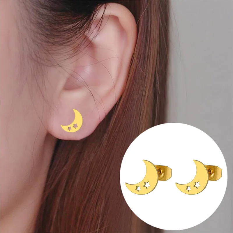 Wholesale PVD Coated 18K Gold Real Gold Plated Moon 304 Stainless Steel Simple Style Waterproof Non Tarnish Ear Studs
