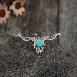 Wholesale Retro ethnic style bull head carved inlaid turquoise alloy ring