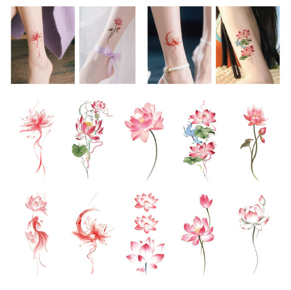 Wholesale Beautiful Lotus Tattoo Stickers, Colorfulful Ancient Style, High-End, High-Looking Ankle Waterproof and Long-Lasting Flower Tattoo Stickers for Collarbone