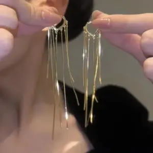 023553--Gold Water Drop Tassel Stud Earrings