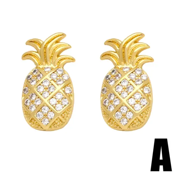 Wholesale 1 Pair Cute Sweet Heart Shape Pineapple Butterfly Plating Inlay Copper Zircon 18k Gold Plated Ear Studs