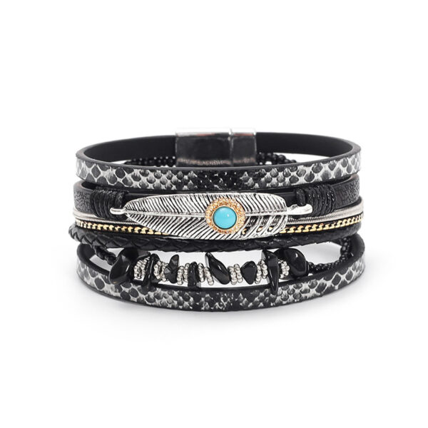 oly-f944888fd075ac1b15924cf39e7c2ac8 Wholesale Bohemian style gravel feather leather women's bracelet creative vintage feather turquoise magnet buckle bracelet