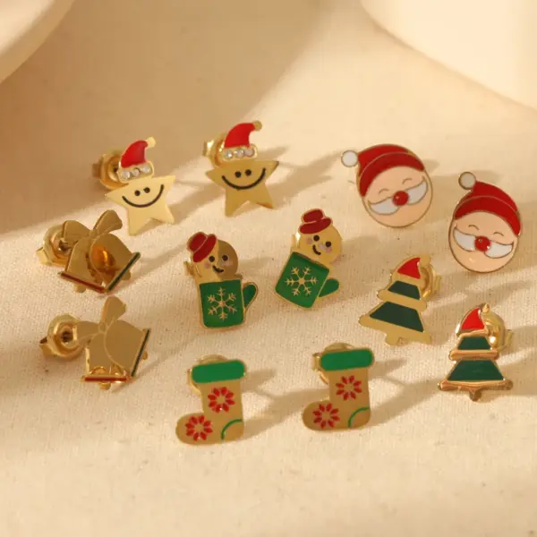 Wholesale 1 Pair Christmas Sweet Simple Style Christmas Tree Santa Claus Enamel 304 Stainless Steel Zircon 14K Gold Plated Ear Studs