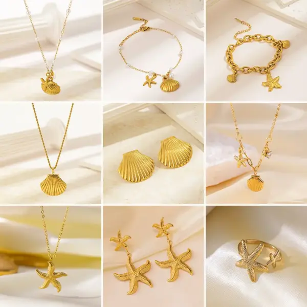 Wholesale 18K Gold Plated 304 Stainless Steel PVD Coated Pearl Starfish Shell Plating Inlay Paperclip Chain Cable Chain Rings Earrings Necklace