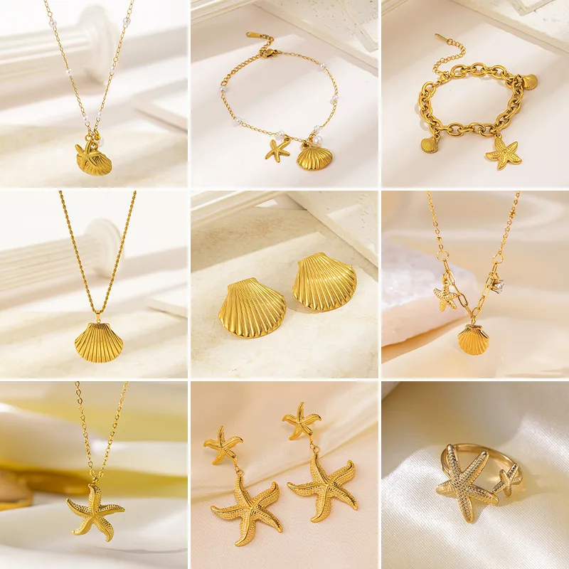 Wholesale 18K Gold Plated 304 Stainless Steel PVD Coated Pearl Starfish Shell Plating Inlay Paperclip Chain Cable Chain Rings Earrings Necklace
