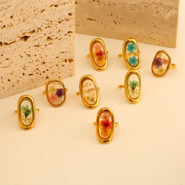 Wholesale 316L Stainless Steel Resin Flower Waterproof Non Tarnish Surgical Steel Retro Open Rings For Women's