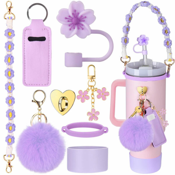 Wholesale Stanley Cup Decorative Straw Cap Cup Set Cup Chain Ins Colorful Begonia Flower Key Pendant Fur Ball Pendant