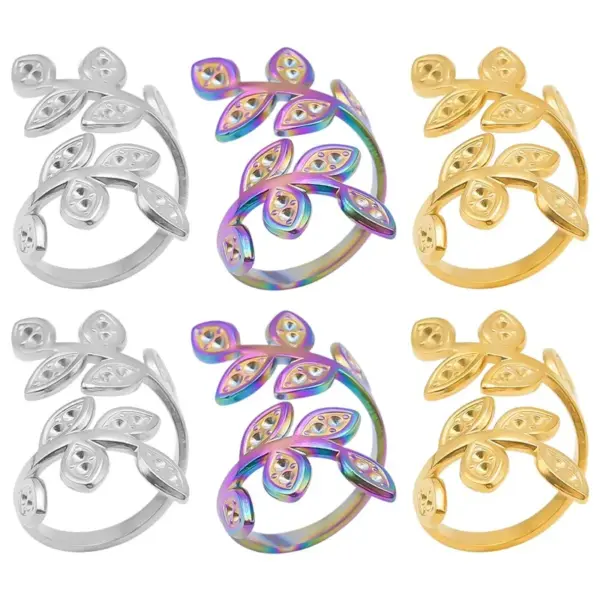 Wholesale PVD Coated Real Gold Plated 18K Gold Leaves 304 Stainless Steel Simple Style Waterproof Non Tarnish Open Rings