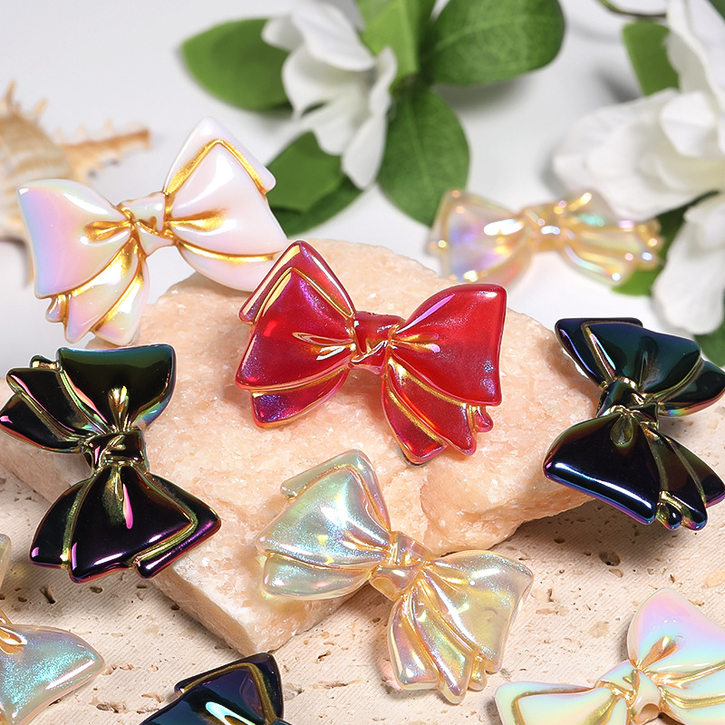Wholesale Acrylic Fine Flash Gold Bow Beaded Double Tie Beads Mobile Phone Chain Keychain DIY Jewelry Aessories
