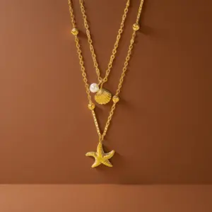 X01057-Double Layer Starfish Shell Necklace- Gold