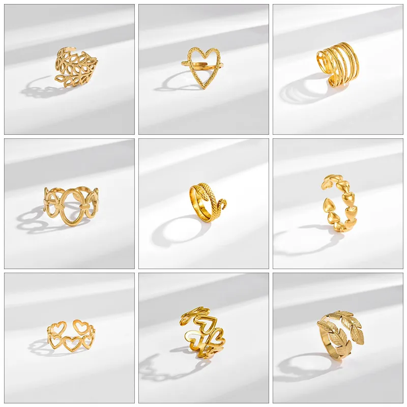Wholesale PVD Coated Real Gold Plated Heart Shape Titanium Steel Sweet Waterproof Non Tarnish Open Rings