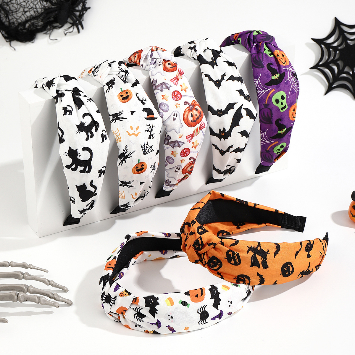 Wholesale Fabric Skull Pumpkin Knotted Wide Brim Headband