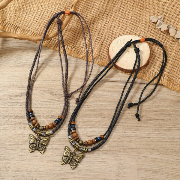 Wholesale retro butterfly alloy multi-layer wooden beads knotted hand-woven necklace jewelry