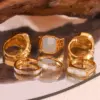 Wholesale 304 Stainless Steel Geometric PVD Coated Rhinestones Shell 18K Real Gold Plated Vintage Style Waterproof Non Tarnish Plating Inlay White Gold Rings